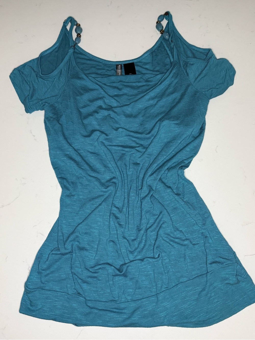 Bisou Bisou Teal Cold-Shoulder Tunic with Bead-Strap Accents